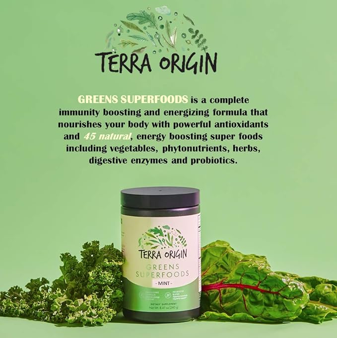TERRA ORIGIN Healthy Superfood Greens Powder Drink with Probiotics & Ashwagandha | Adaptogen & Digestive Enzyme Fruit and Veggie Blend | for Gut Health, Energy, Immune Support | 30 Servings | Mint