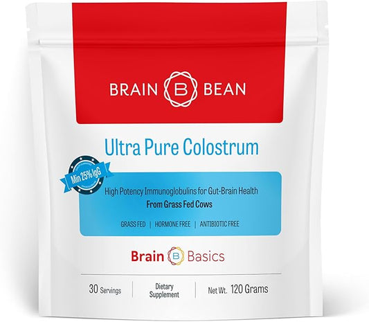 Brain Basics Ultra-Pure Colostrum, 4000mg per Serving, Min 25% IgG antibodies, Gut-Brain-Immune Health, Glowing Hair and Skin. Colostrum Powder from Grass-Fed Cows. 120 Grams - 30 Servings