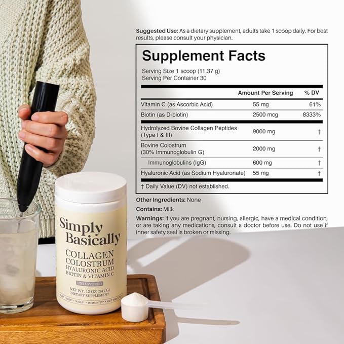 Colostrum & Collagen Peptides Powder | Biotin, Hyaluronic Acid & Vitamin C | Gut, Immune System, Hair, Skin & Nails Supplement | for Women & Men | 12oz, Unflavored, 30 Servings