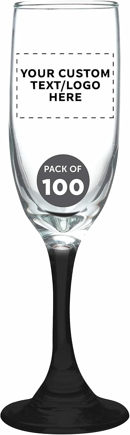 DISCOUNT PROMOS Custom Premiere Champagne Flutes 6.25 oz. Set of 100, Personalized Bulk Pack - Elegant Drinkware for Weddings, Events, & Promotional Gifts - Black