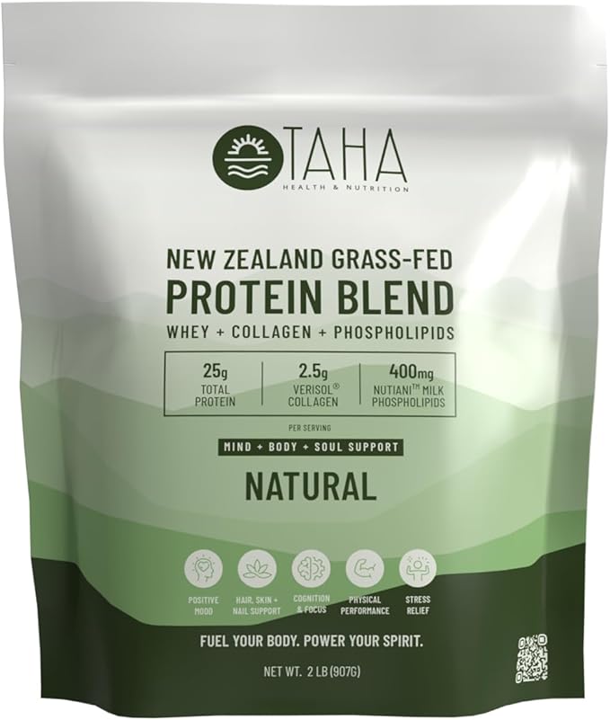 Taha Health & Nutrition Mind + Body Protein Blend – Natural, Unflavored | 25g Protein from Whey & Collagen + 400mg Milk Phospholipids | Grass-Fed, Free-Range New Zealand Dairy | 2LB