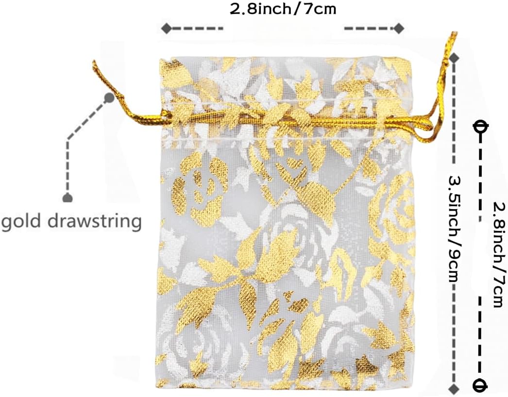 QIANHAILIZZ 100 Pack 2.8 x 3.5 Inch Flower Heart Organza Jewelry Gift Pouch Candy Pouch Drawstring Wedding Favor Bags B511S (white gold flower)