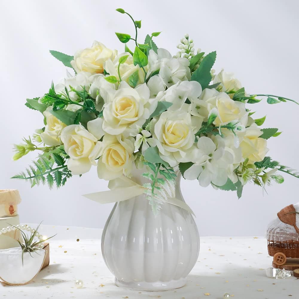 LESING Artificial Rose Silk Hydrangea Flowers Bouquets with Vase Rustic Fake Flowers for Home Decoration Table Centerpiece (White)