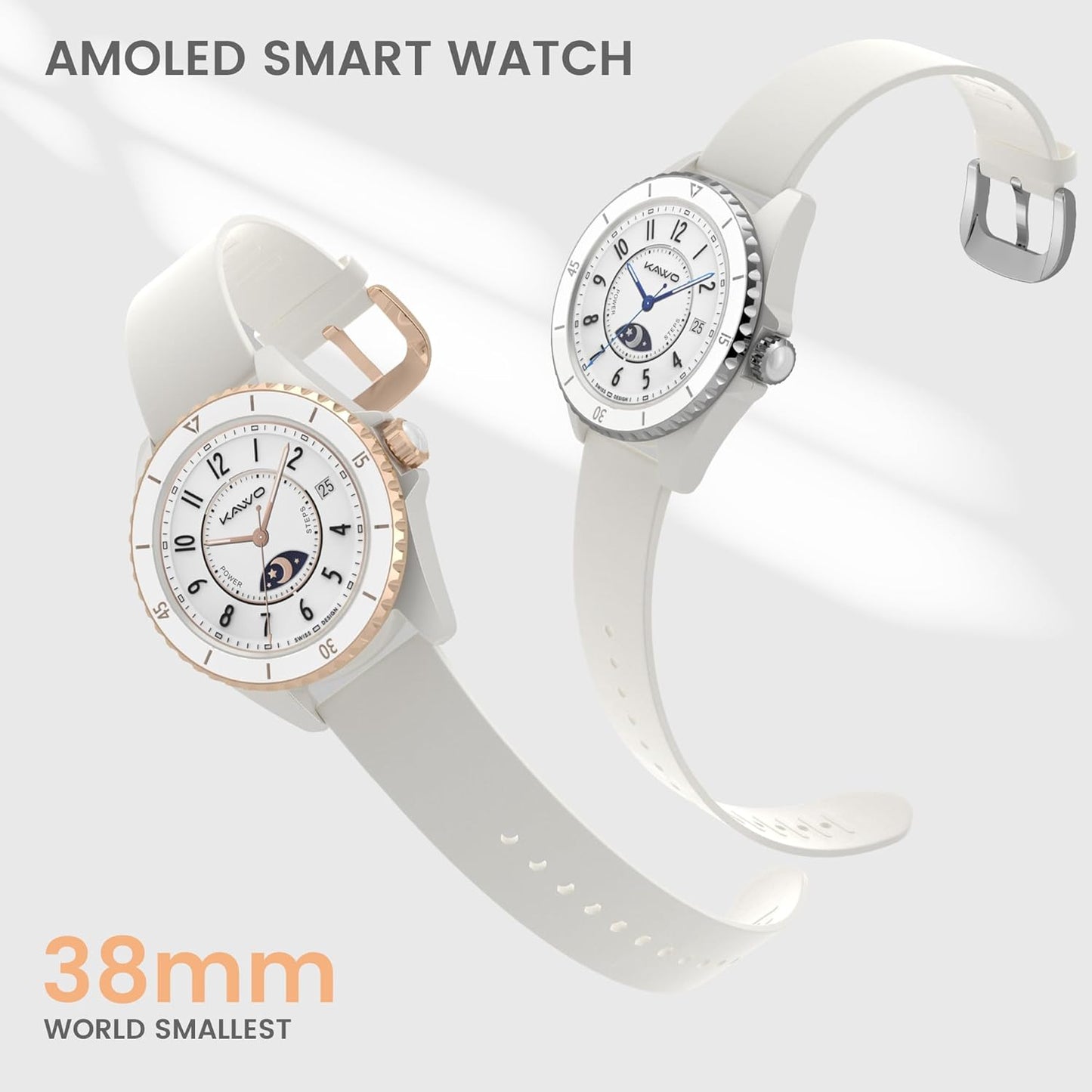 KAVVO Oyster Mini 38mm Bluetooth Smartwatch for Women, 1.1'' Delicate AMOLED Always-On Display, Rotating Bezel, Fitness Tracker with Female Health, Heart Rate Blood Oxygen Monitor(Ceramic White)