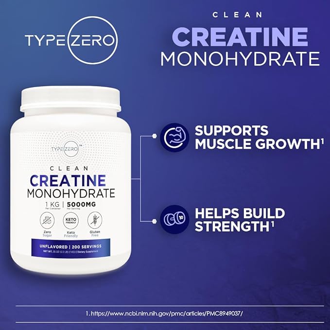 Type Zero Creatine Monohydrate (Unflavored) 1 KG, 5000mg (5g) Per Serving, Micronized, Zero Sugar, Keto Friendly & Gluten Free, 200 Servings
