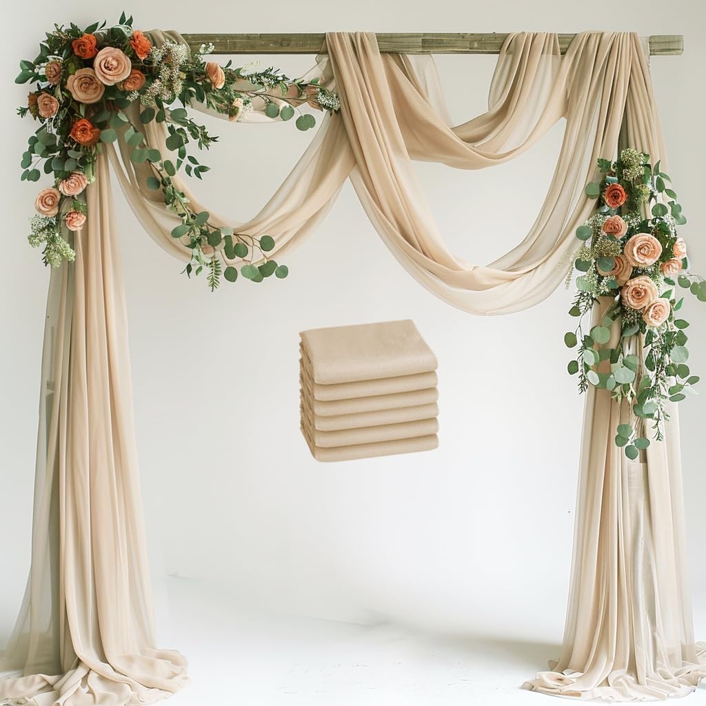 Wedding Arch Draping Fabric 6 Panels 28.7" x 20FT Champagne Sheer Chiffon Backdrop Drapes for Wedding Ceremony Birthday Party Bridal Shower Outdoor Decoration