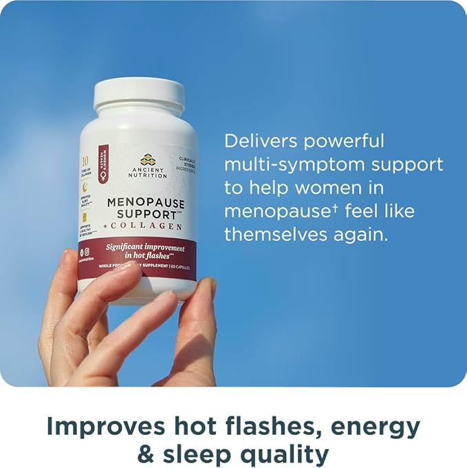 Ancient Nutrition Menopause Support + Collagen Supplement, Hydrolyzed Collagen Peptides, Key Clinically Validated Superfoods, Significant Improvement in Hot Flashes and Sleep Quality, 60 Capsules