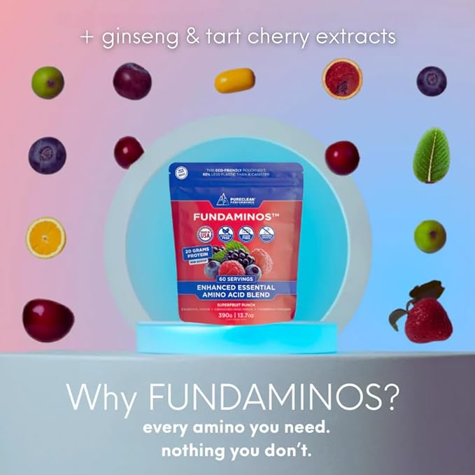 FundAminos EAA + BCAA Amino Acid Powder | Organic, Vegan, Plant-Based | Complete Essential Aminos for Everyday Nutrition | Optimized Protein Utilization | Refreshing Superfruits Blend - 60 Servings