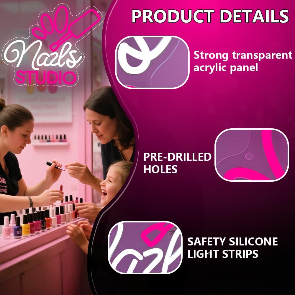 Nail Room Neon Sign,Pink Nails Studio LED Light for Wall Art Decor,Backdrop for Business Lash Salon Beauty Room Bar,Pink Dimmable Light Up Signs Gift for Girls Women Nail Tech USB Powered（14.2"*11.8"）