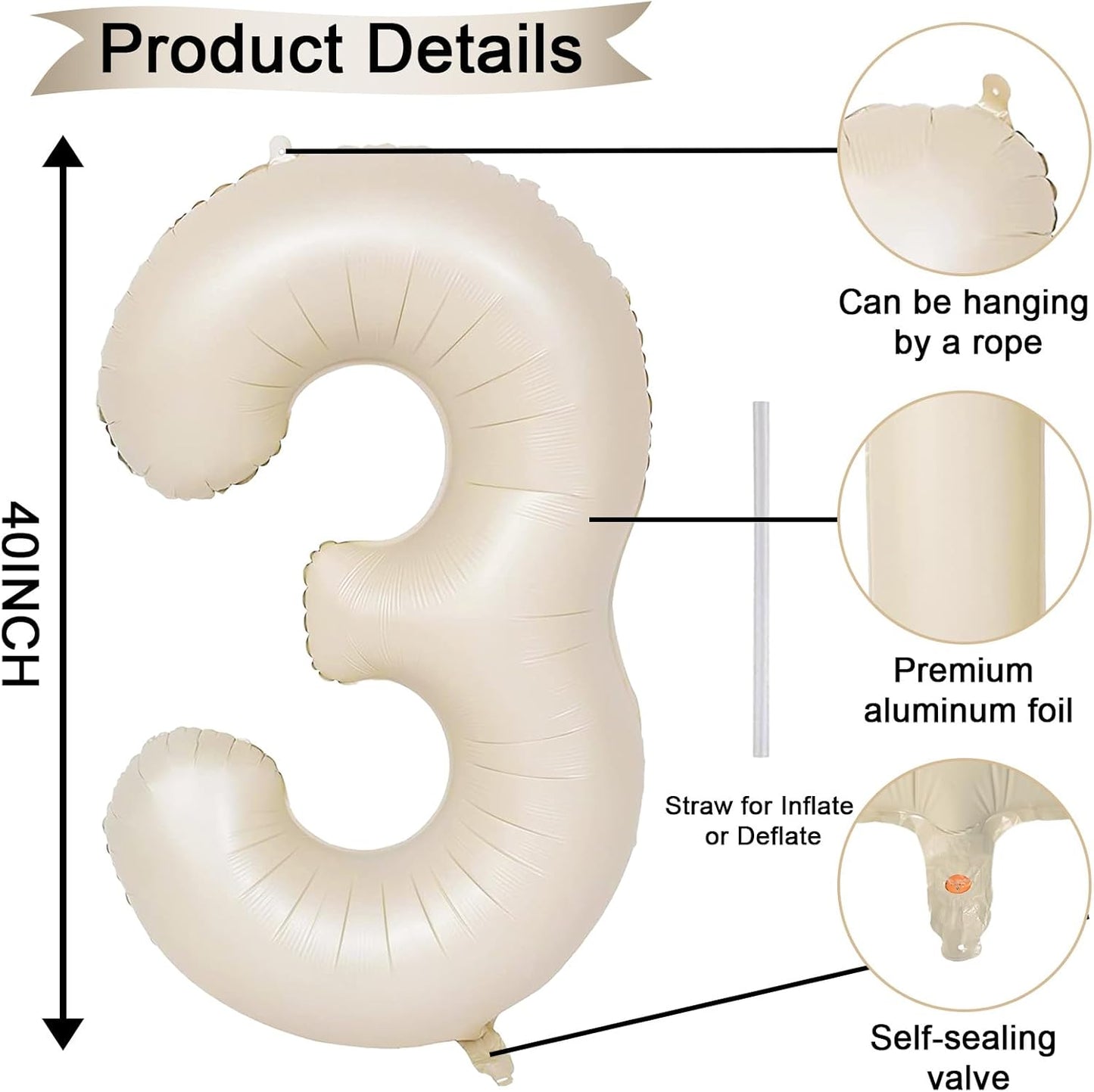 40 Inch Beige Numbers Balloons 3, Large Self Inflating Cream White Digit 3 Helium Balloons for 3rd Birthday Girls Boys, Foil Mylar Number 3 Balloons for Women Birthday Party Anniversary Decorations