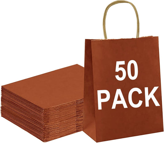 BAG BOX 50 Pack Small 5.9x3.1x8.25 Inch Red Kraft Paper Gift Bags with Handles for Bulk Shopping, Retail, Craft, Party Favors, Wedding, Grocery & Sacks