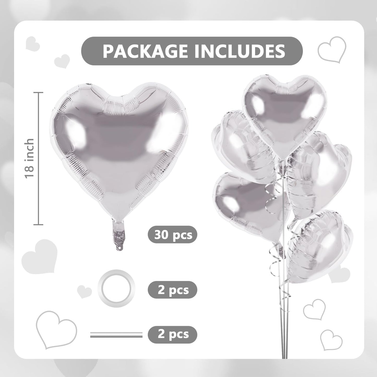 TONIFUL 30Pcs 18 Inch Silver Heart Balloons Silver Heart Shape Foil Mylar Balloons Decoration for Birthday Valentine's Day Wedding Bridal Shower Anniversary Engagement Party Supplies