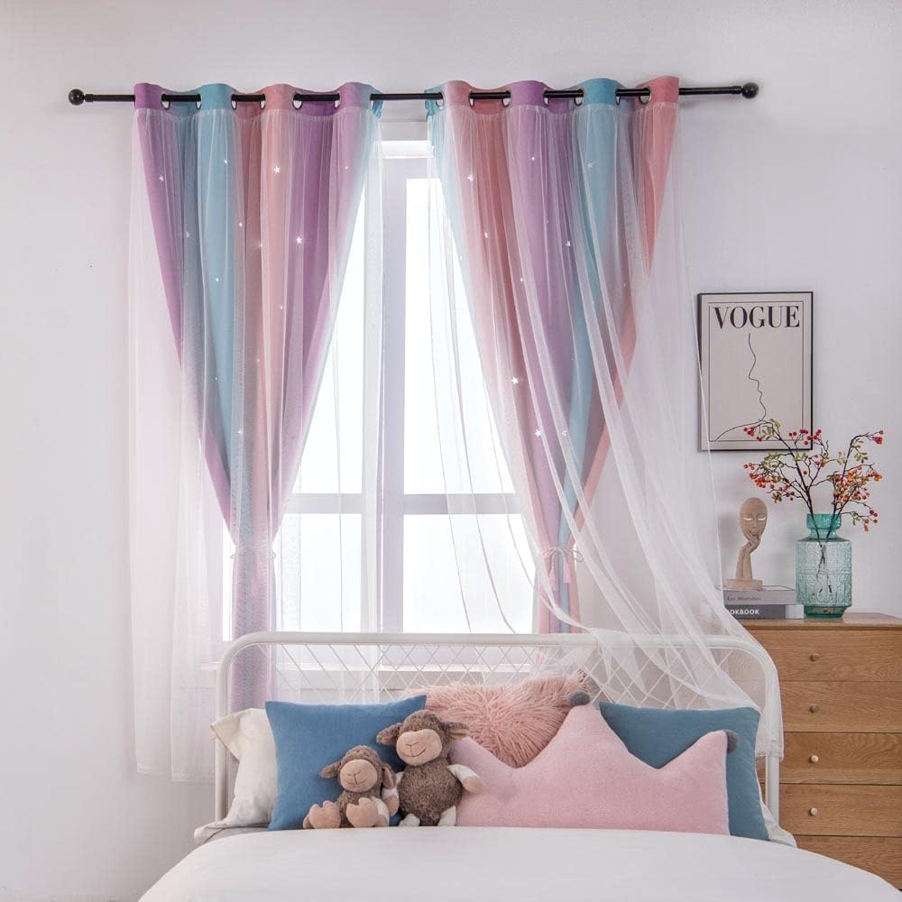 FANLI Ombre Rainbow Blackout Curtains for Kid Girls Bedroom Living Room Darking Stripe Double Layer Star Cut Out Wall Home Decor Gradient Grommet Window Curtains (Pink Purple, 52W x 72L)