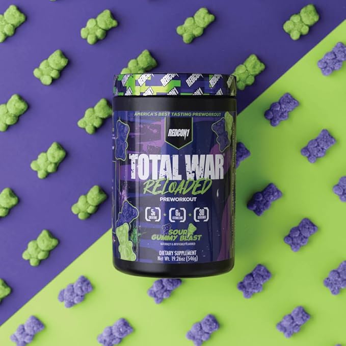 REDCON1 Total War Reloaded Pre Workout Powder, Sour Gummy Bear - Creatine, Beta Alanine + L-Citrulline Malate Keto Friendly for Men & Women with 350mg of Caffeine - Fast Acting (30 Servings)