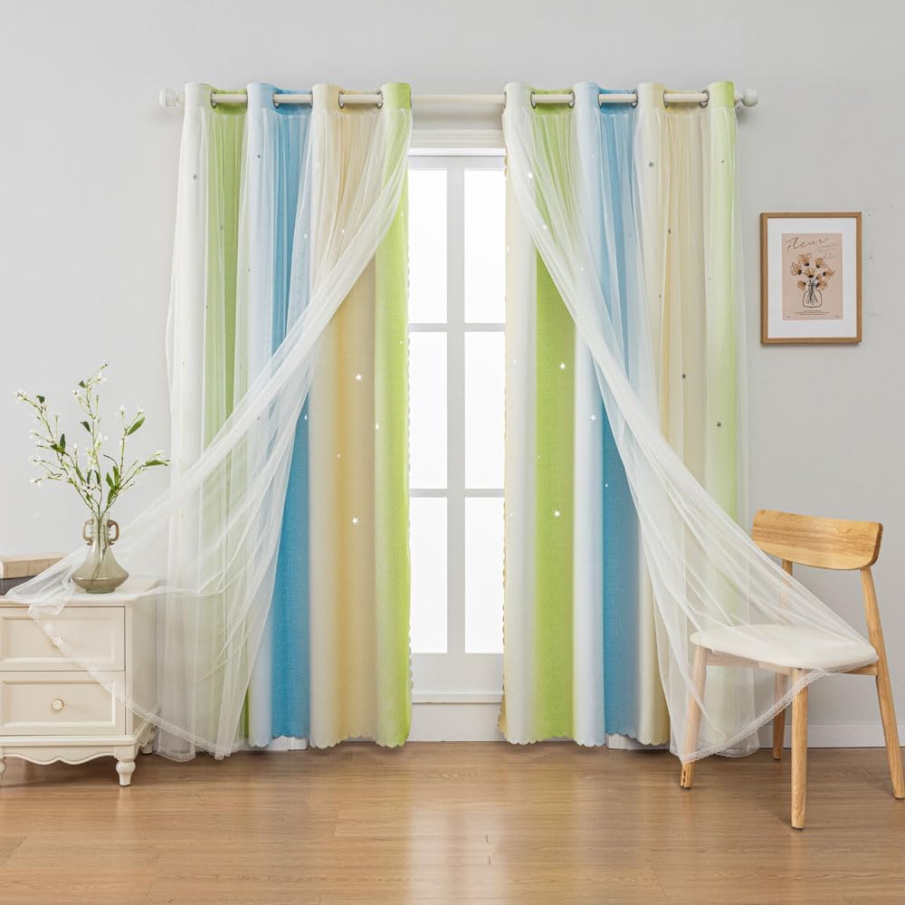 FANLI Ombre Rainbow Blackout Curtains for Kid Girls Bedroom Living Room Darking Stripe Double Layer Star Cut Out Wall Home Decor Gradient Grommet Window Curtains （Blue Green 52Wx84L）
