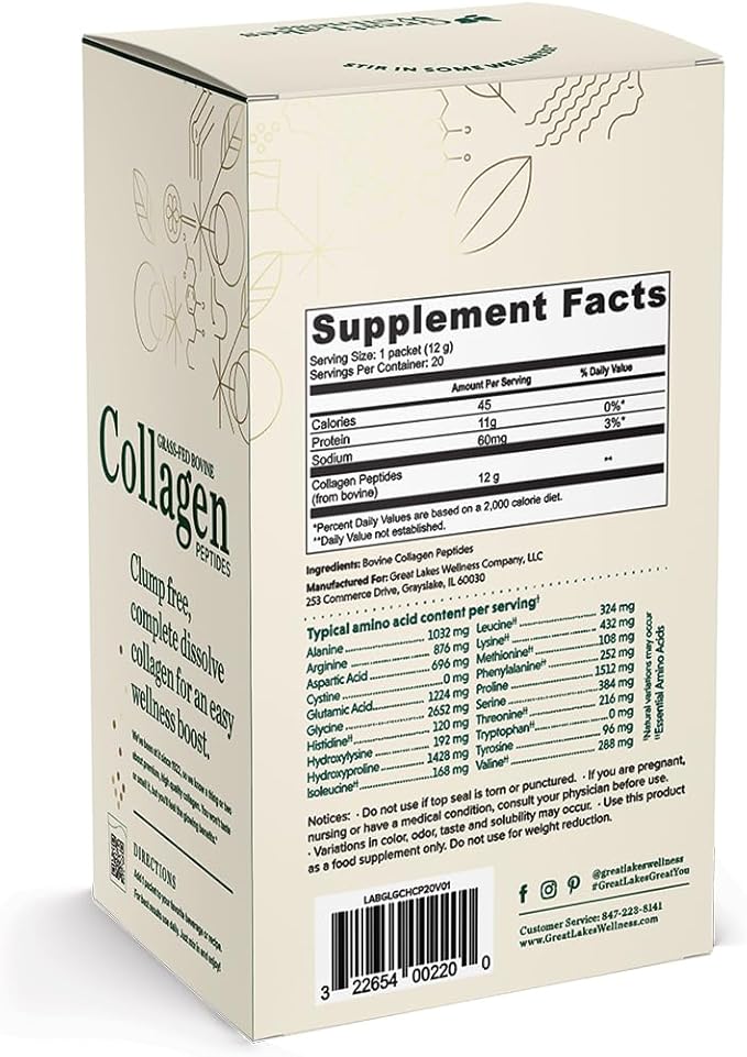Great Lakes Wellness Collagen Peptides Powder for Skin, Hair, Nails, Joints & Digestion - Unflavored - Quick Dissolve Hydrolyzed, Non-GMO, Keto, Kosher - 20 Sticks