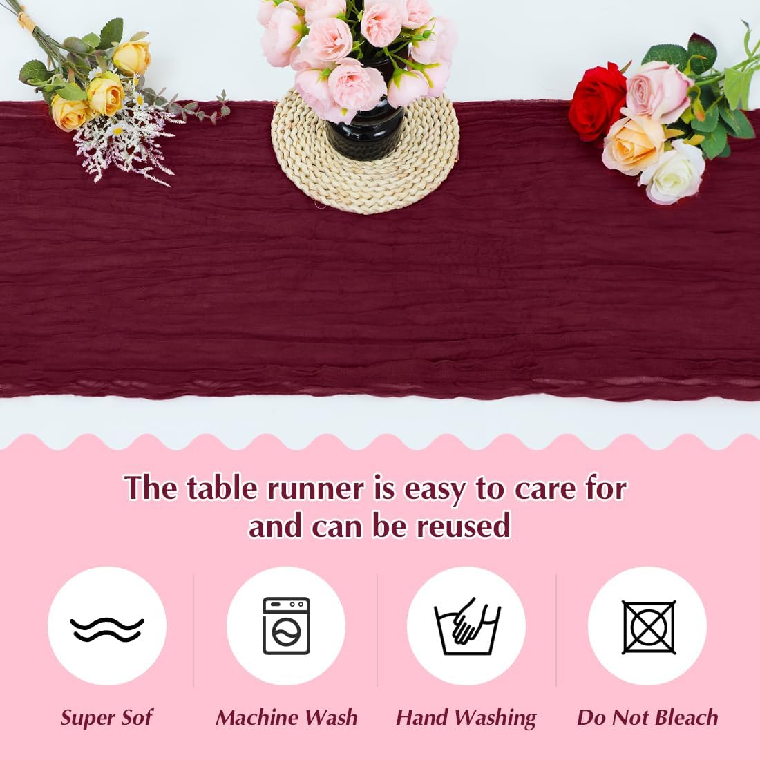 10 Pack Wine red Cheesecloth Table Runner -21*120Inch Long Boho Wedding Table Decor, Rustic Gauze Fabric Runner for Bridal Showers, Baby Showers & Parties (Sheer, Lightweight, Wrinkled Design)