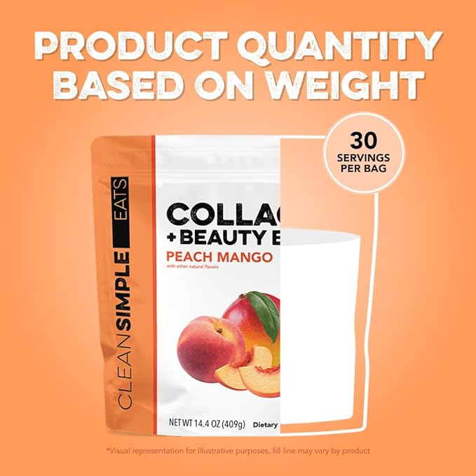 Clean Simple Eats Collagen Powder + Beauty Blend, Peach Mango, 11G Hydrolyzed Collagen Peptides from Grass Fed Bovine & Chicken, Hyaluronic Acid for Hair, Skin, Nail & Joint Support, 30 Servings