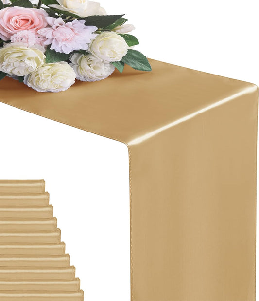 24Pack Table Runner 12 x 108 Inches Satin Silk Table Runner for Wedding, Birthday Party, Banquets, Graduations Decoration, fit Rectange and Round Table-Champagne