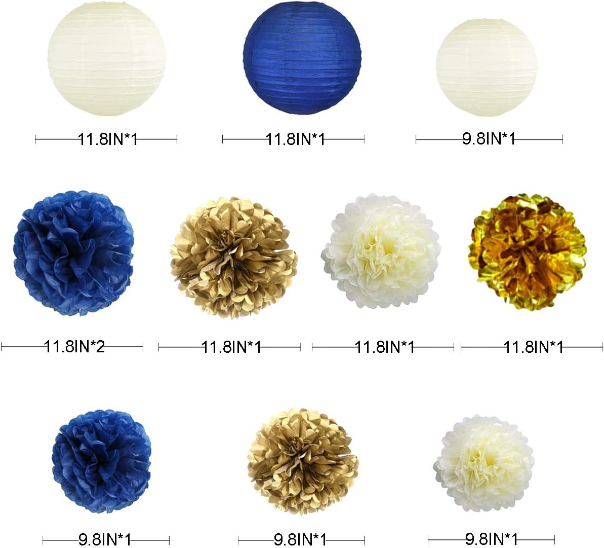 Navy Blue and Gold Party Decoration Kit Lanterns Flowers Pom Pom with Champagne Gold 3D Butterfly Stickers and Leaf Garland Streamers for Birthday Engagement Wedding Bridal Shower Bachelorette Party