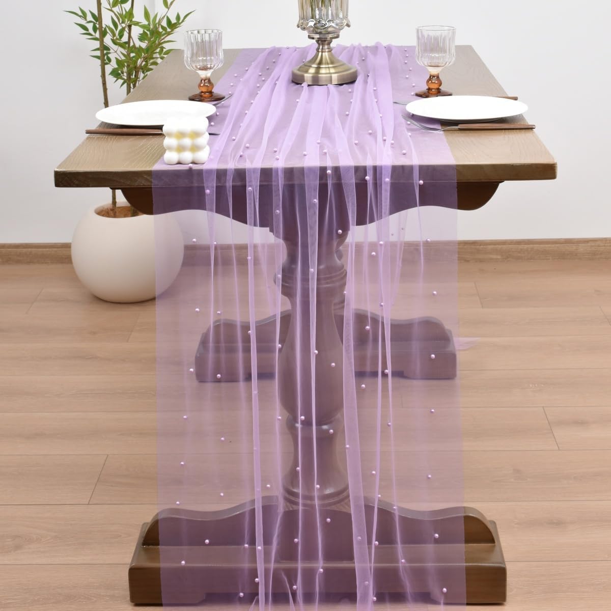 Joanlody Fall Pearl Table Runner 10ft Rustic Boho Tulle Table Runner with Pearls for Baby Shower Wedding Party Veil Dessert Thanksgiving Table Decor Lilac 4pcs