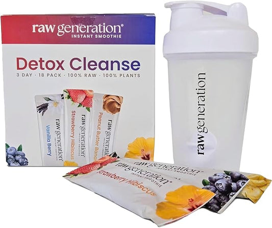 Raw Generation Instant Smoothie Detox Gut Cleanse | Shaker Bottle Included | Healthy Weight Management | 100% Raw Natural Juice | On-The-Go | 3-Day Juice Cleanse | 18 Superfood Drink Powder Packets