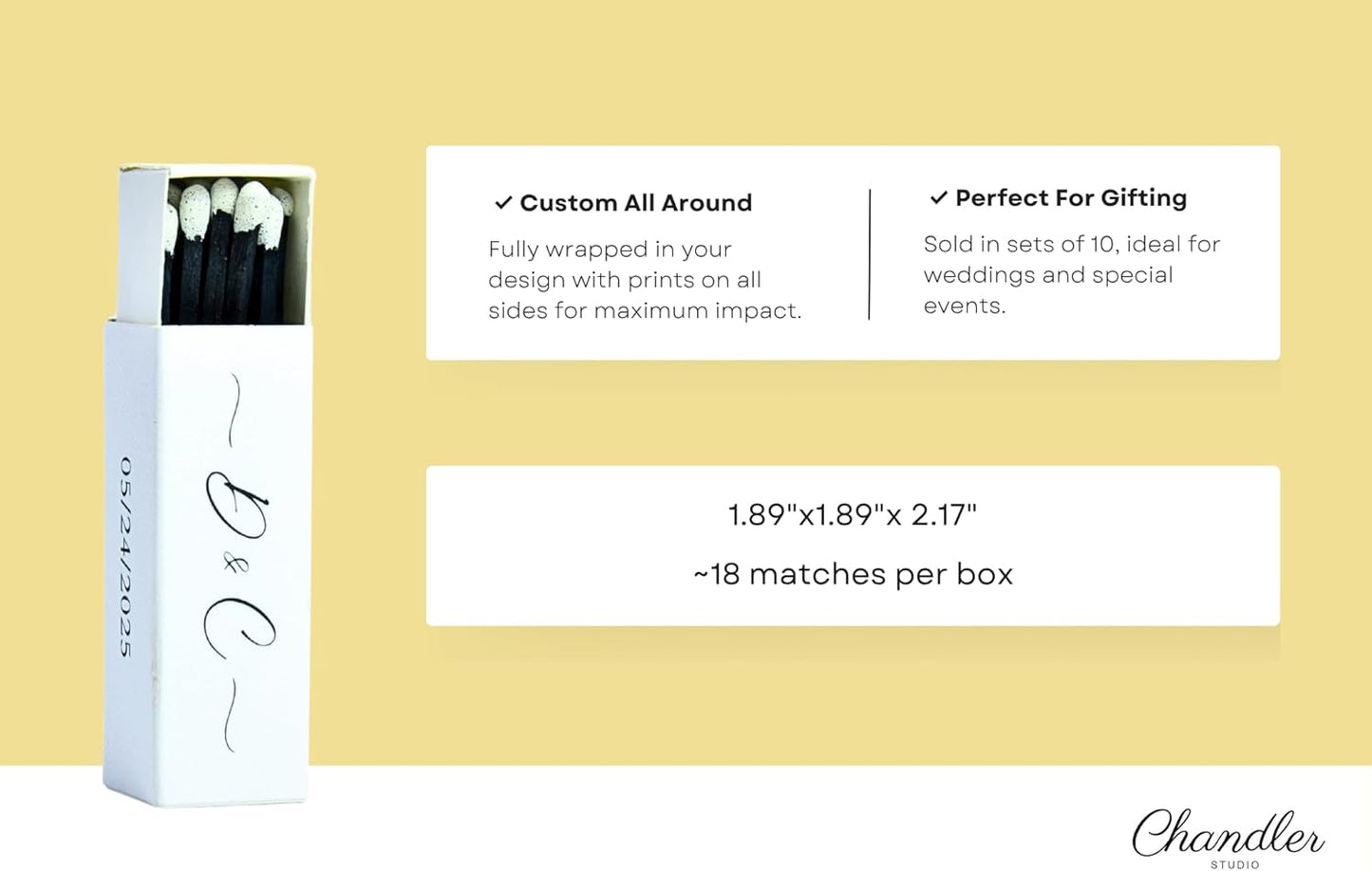 Custom Matchboxes - Set of 10 - Personalized - 2" Inch Long - Colorful Matchsticks - Weddings – Wedding Favor - Matchboxes, Custom Matchbox (2" Matchsticks, Wedding Design #4)