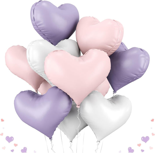 20 Inch Pink Purple White Heart Balloons, 10 Pcs Baby Pink Heart Shaped Foil Balloons, Purple and White Helium Balloon for Girls Women Valentine Bridal Shower Wedding Birthday Party Decorations