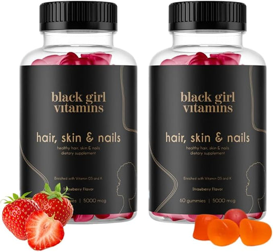 Black Girl Vitamins - Hair, Skin, and Nails Gummies with Biotin (6000 mcg), Zinc, Gelatin Free, Vitamin A, and Vitamin E - Gluten-Free. Made in The USA (Strawberry, 120 Count) 60 Day Supply