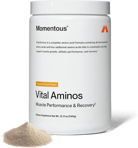 Momentous Vital Aminos Powder Supplement - BCAA & EAA - Tropical Punch - NSF Certified for Sport - GMO- & Gluten-Free - 30 Servings - Package May Vary
