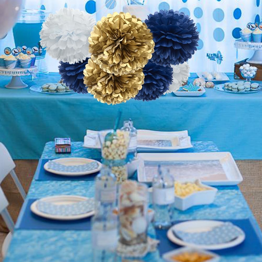 Gold Royal Blue and White Paper Flower Tissue Pom Poms for Birthday Baby Shower Graduation Bachelor Retirement Theme Party, 12pc