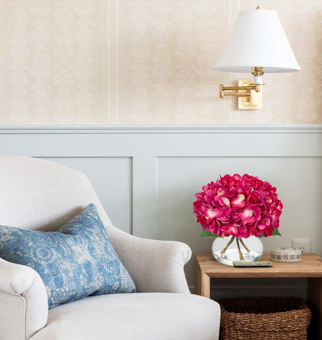 Hollyone Hydrangea Artificial Flowers with Glass Vase Fuchsia Silk Faux Flowers Arrangements in Vase with Faux Water Fake Floral Bulk Bouquet for Home Decor Table Centerpiece Decorations