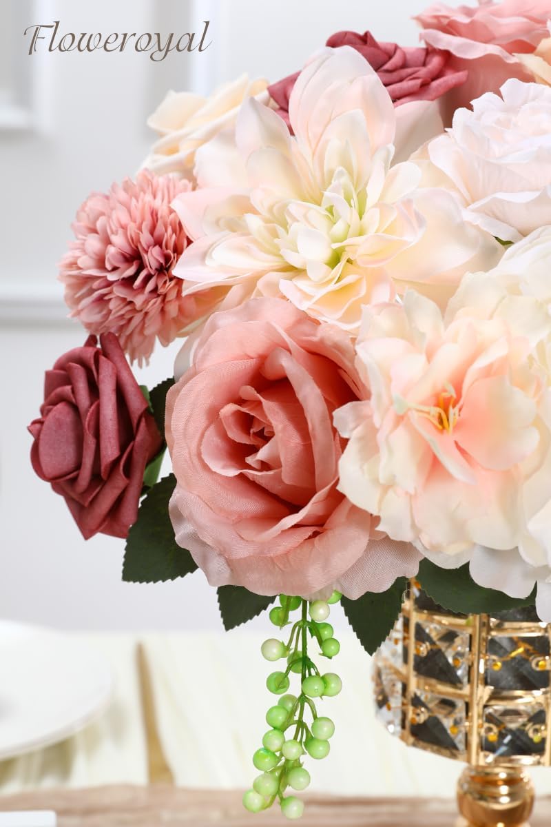 Floweroyal Artificial Flowers Combo Pink Flowers Mix Silk Flowers Dahlia Roses with Stems for DIY Wedding Bridal Bouquets, Baby Shower, Floral Arrangement, Table Centerpieces, Home Decorations