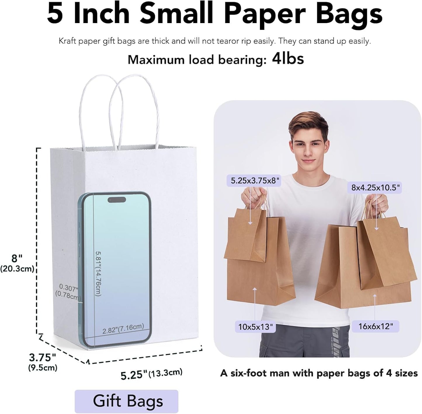 GSSUSA White Gift Bags 5.25x3.75x8 400Pcs, Paper Bags with Handles Bulk for Small Business