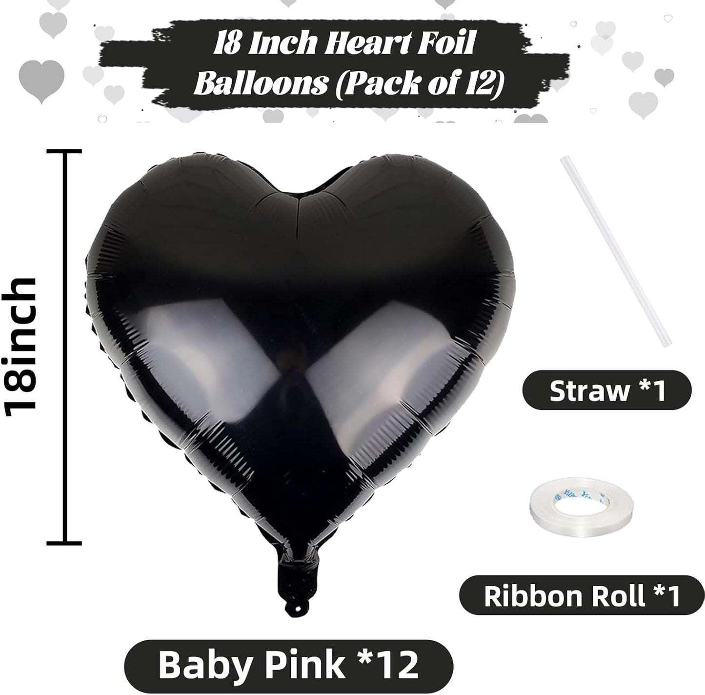 Black Heart Balloons, 18 Inch Black Helium Heart Balloons, 12Pcs Large Black Heart Shape Mylar Balloons, Black Foil Heart Balloons for Boys Men Birthday Graduation Engagement Valentines