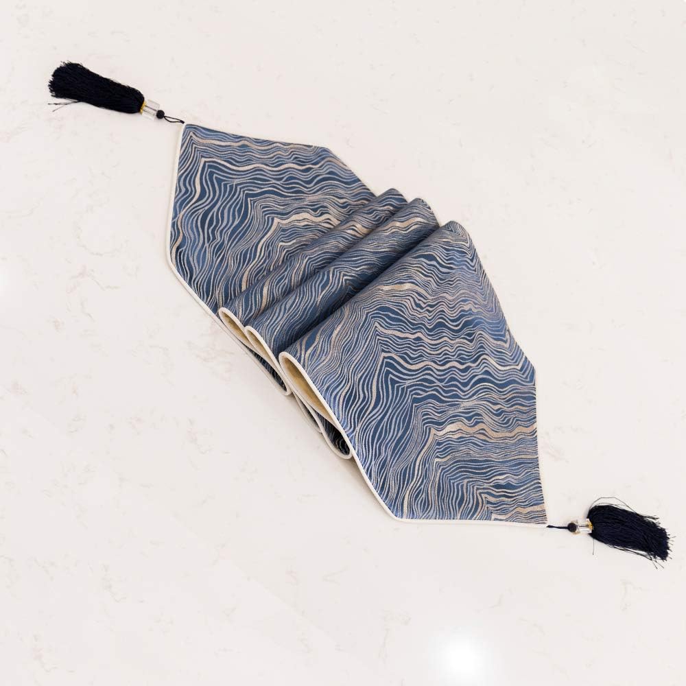 Avigers 12 x 72 Inch Decorative Luxury Abstract Striped Navy Blue Table Runners with Tassels for Home Living Room Bedroom Art Decor Wedding