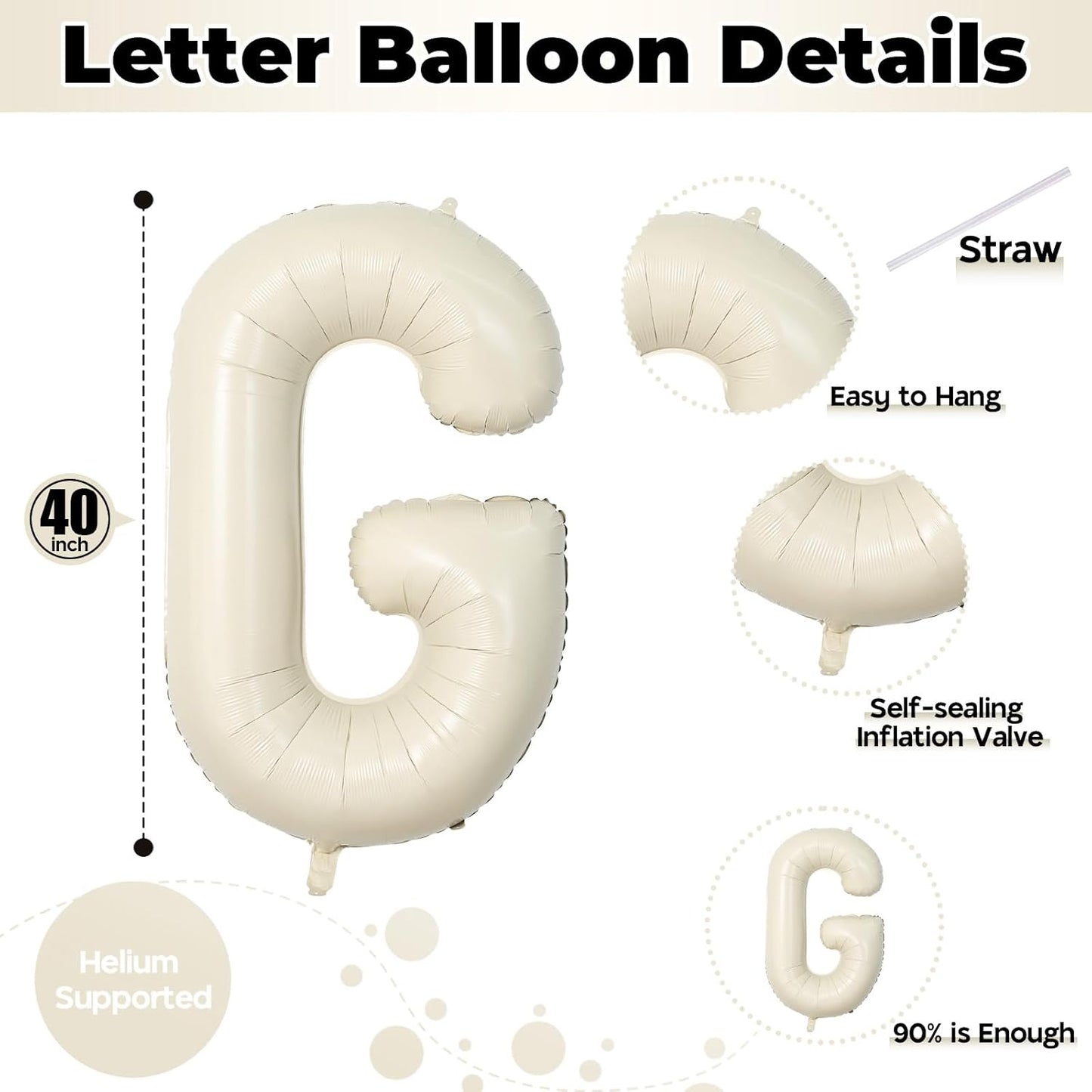 40 Inch Custom Letter Balloons, Giant Alphabet G Foil Name Balloon Cream White, Mylar Self Inflating Beige G, Helium Customize for Women Birthday Party Decoration