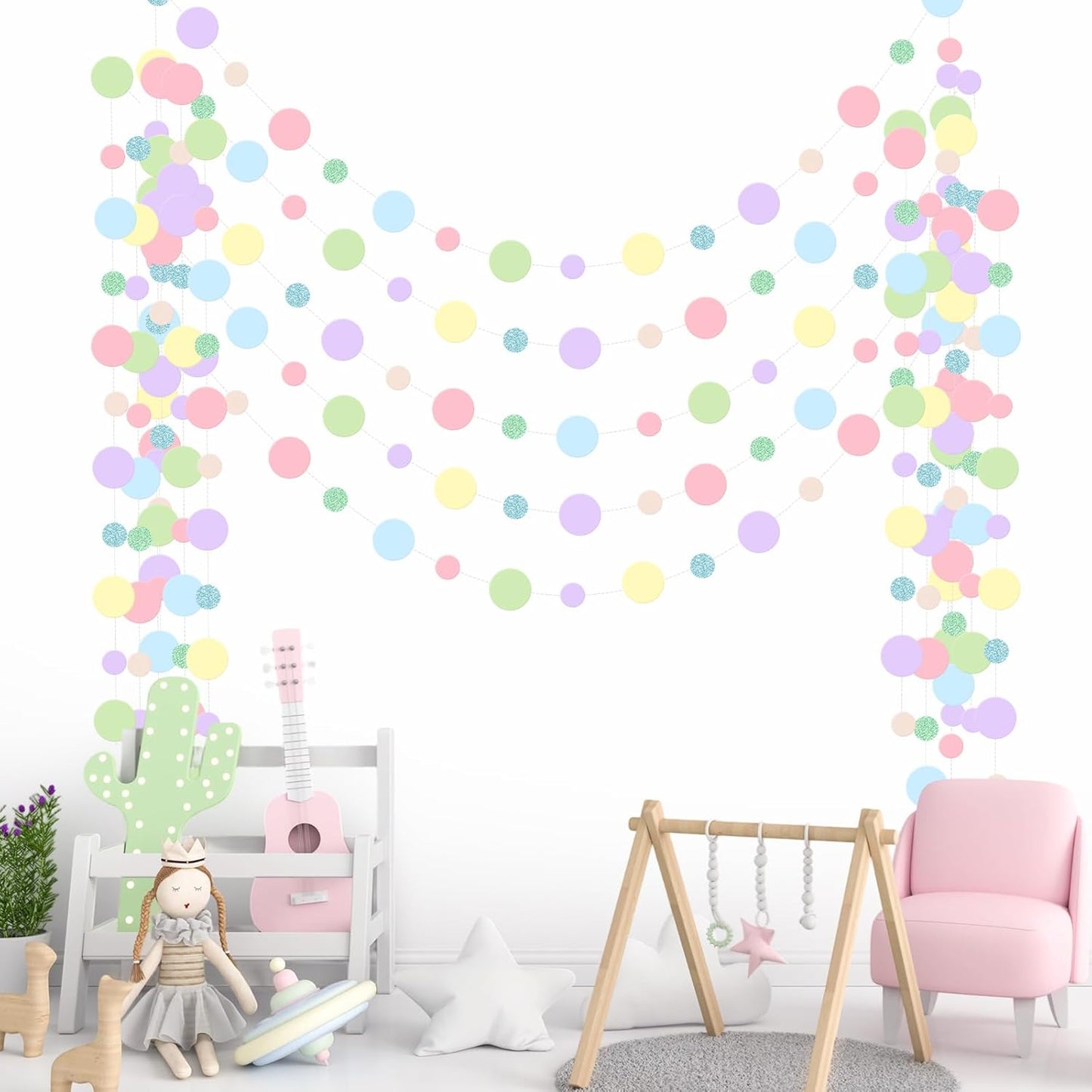 Outus 5 Pieces Colorful Dots Paper Garland Round Glitter Garland Hanging Confetti Streamers Backdrop for Candy Birthday Classroom Halloween Trunk or Treat Car Decoration (Pastel)