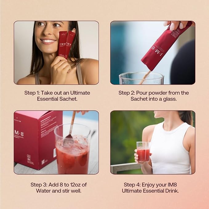 IM8 Daily Ultimate Essentials All-in-One Multivitamin Supplement, 92 Nutrient Rich Ingredients CoQ10, Probiotics, Vitamins, Greens, GF, Acai Mixed Berry (30 Servings, Travel Packs - Tumbler Included)