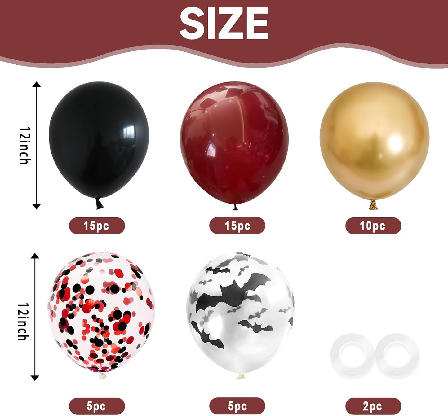 Black Burgundy Balloons, 52 PCS Burgundy Gold Balloons, 12 Inch Red Black Latex Balloon with Confetti Bat Printed Balloon for Kids Party Decorations