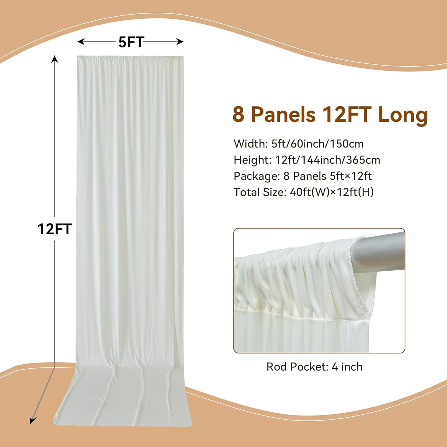 40×12ft Wrinkle Free Ivory Backdrop Curtain for Wedding Parties, 8 Panels 5×12ft Long Soft Silky Polyester Backdrop Drapes Cream Photo Back Drop Curtains for Party Photography Background Cloth