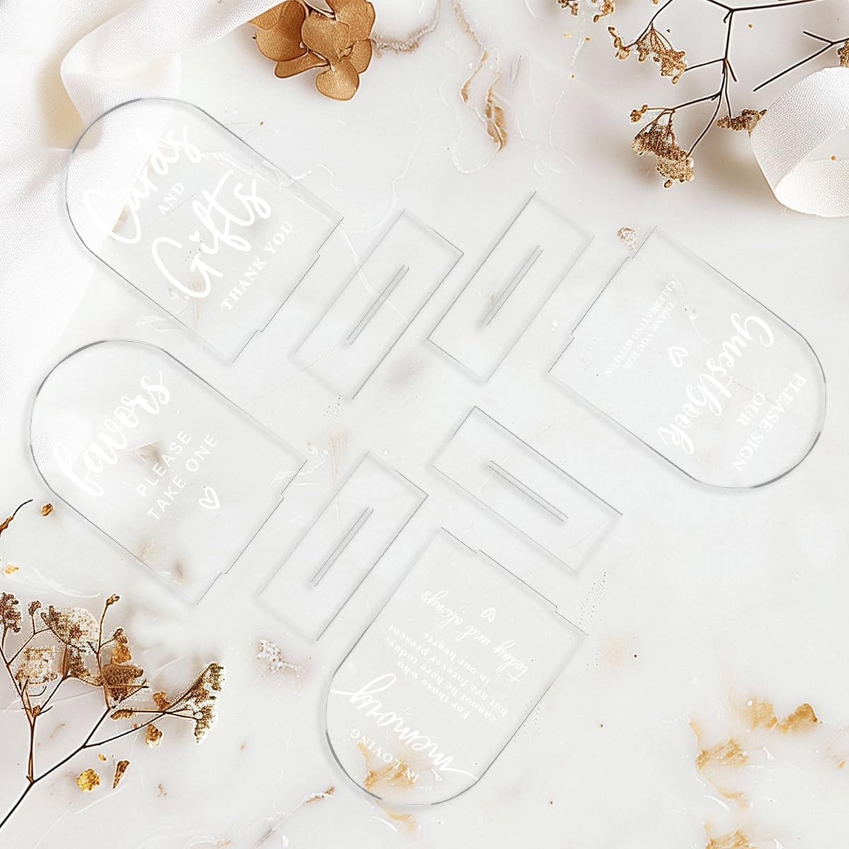 4 Pcs Acrylic Wedding Signs for Ceremony and Reception, Bridal Shower Decorations, Cards and Gifts Signs, Guest Book Sign, Arch Acrylic Table Top Sign with Holder for Wedding Reception (Clear)