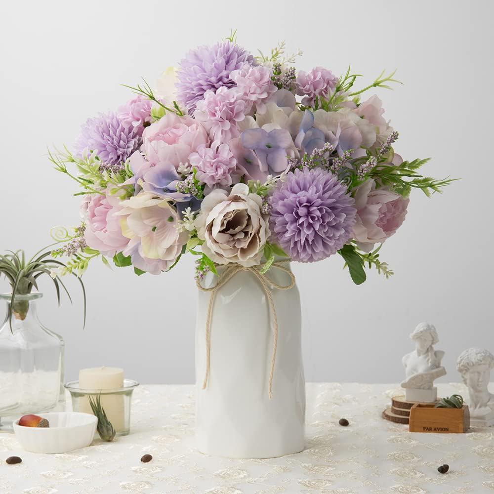 LESING Artificial Peony with Vase Silk Flowers Bouquets Fake Hydrangea Bulks for Home Table Centerpieces Wedding Decoration(Purple-1)
