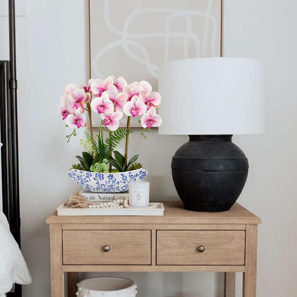 Briful Orchid Artificial Flowers 18in Pink Fake Orchid Silk Flowers with Blue and White Ceramic Pot Faux Phalaenopsis Arrangement for Home Office Room Dining Table Centerpiece Modern Decor