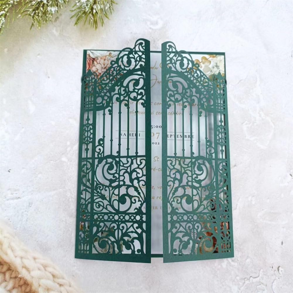 MillaSaw Dark Green Laser Cut Gate Invitation Sleeve DIY Wedding Invitation 25 Sets (dark green, 4.9"x7.1")
