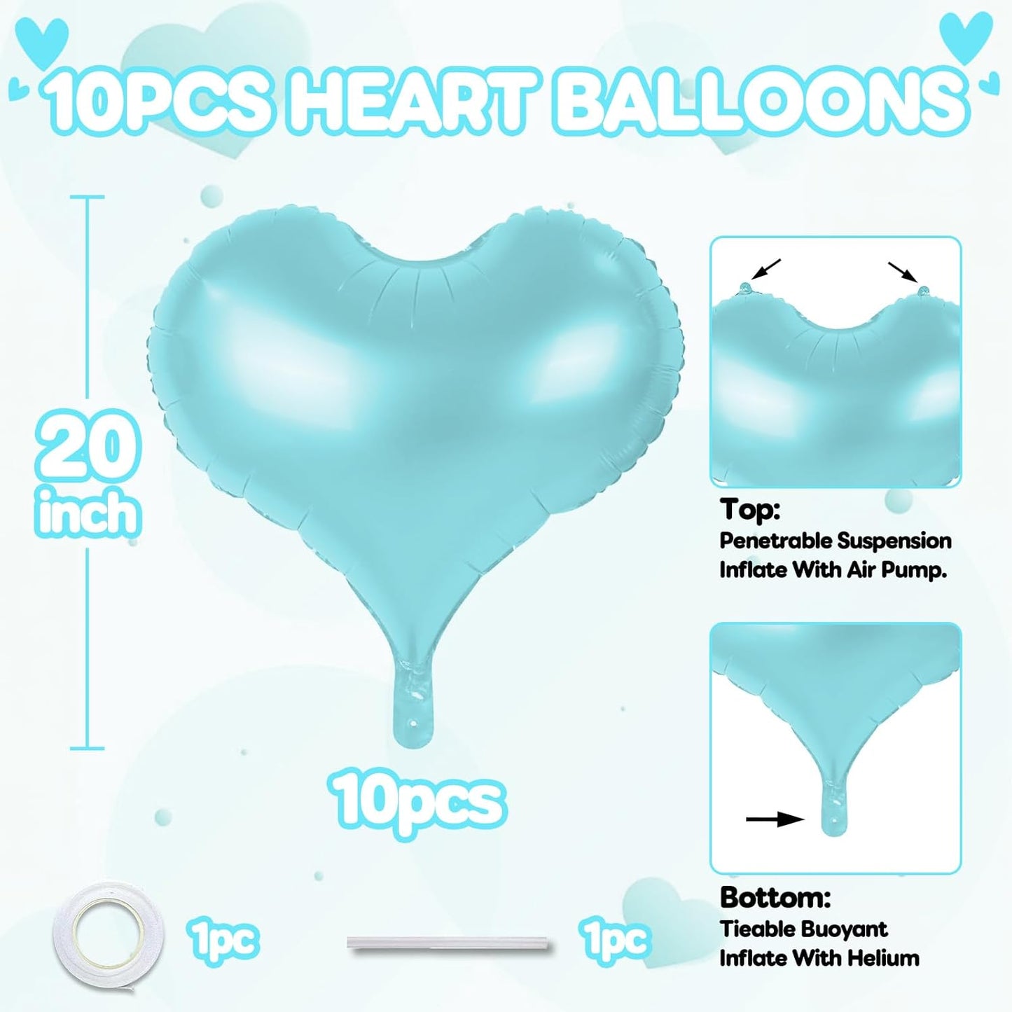 20 Inch Blue Heart Balloons, 10 Pcs Pastel Blue Heart Foil Balloons, Pastel Helium Balloon for Valentine Bridal Shower Anniversary Wedding Birthday Bachelorette Party Decorations