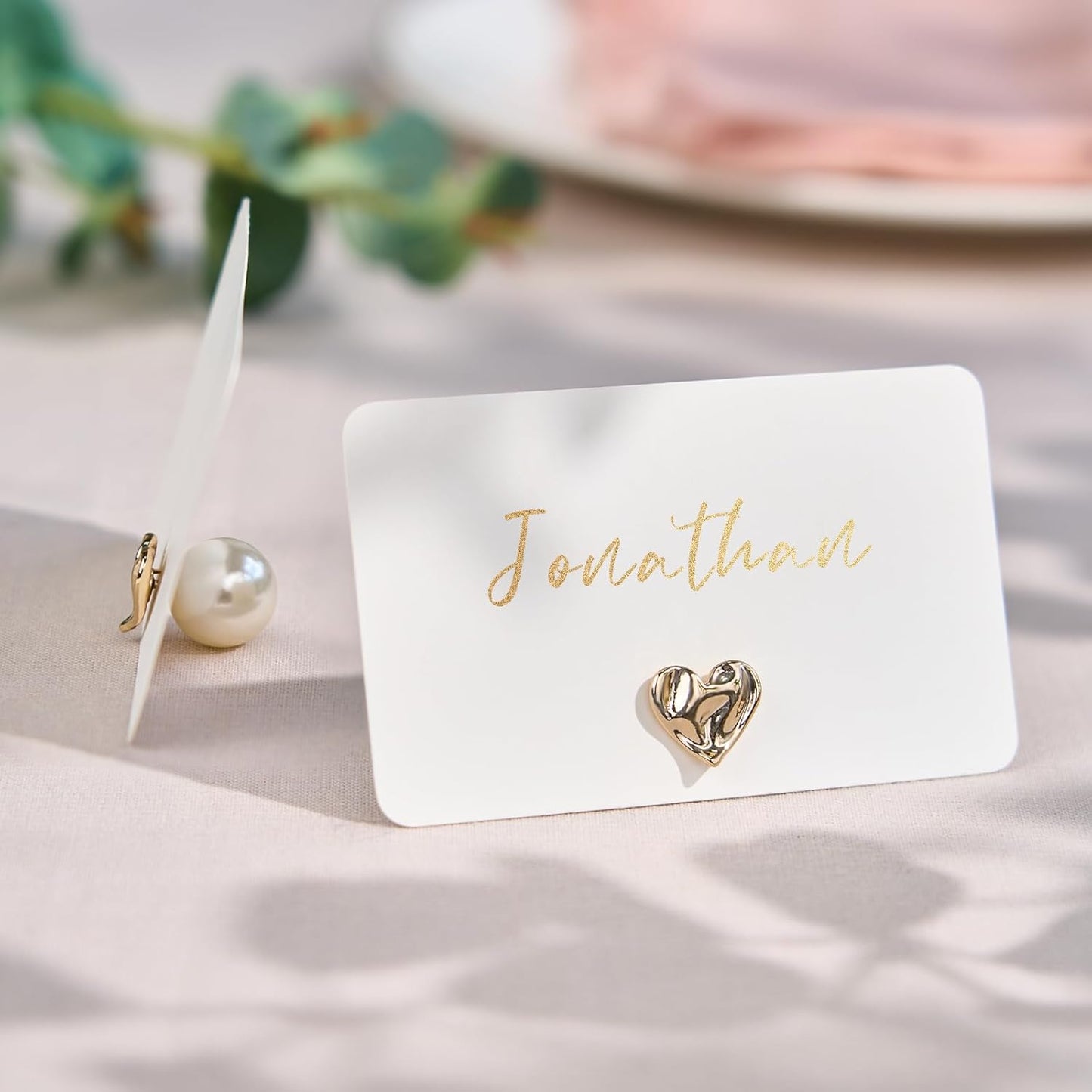 UNIQOOO 12Pcs Decorative Gold Love Heart Place Card Holders Bulk, Romantic Name Card Stands Set, for Wedding Engagement Decor, Table Setting, Business Card, Name Tag, Party Food Labels