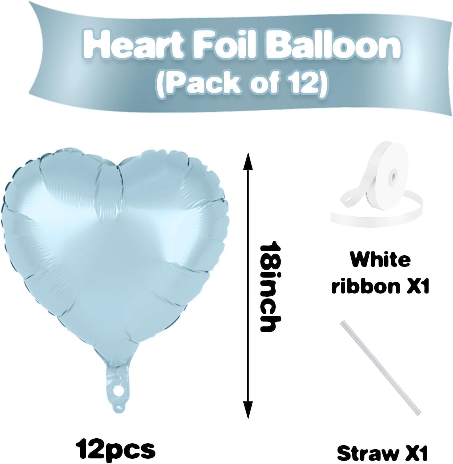 Baby Blue Heart Balloons,12Pcs 18 Inch Pastel Blue Foil Love Heart Shaped Balloons for Light Blue Birthday Party Wedding Engagement Anniversary Baby Shower Valentines Day Decorations