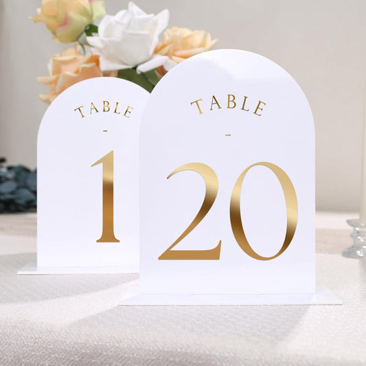 UNIQOOO White Arch Wedding Table Numbers with Stands 1-20, Gold Foil Printed 5x7 Double sided Acrylic Signs and Holders, Perfect for Centerpiece, Reception, Decoration, Party, Anniversary, Event