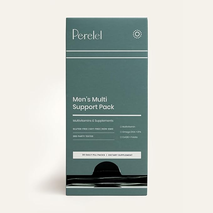Perelel Men’s Multi Support Pack, Daily Multivitamin with Magnesium, Omega 3, CoQ10 & Folate, Nutritional Support for Men’s Wellness, Soy & Gluten Free, Non GMO, 30 Daily Pill Packs